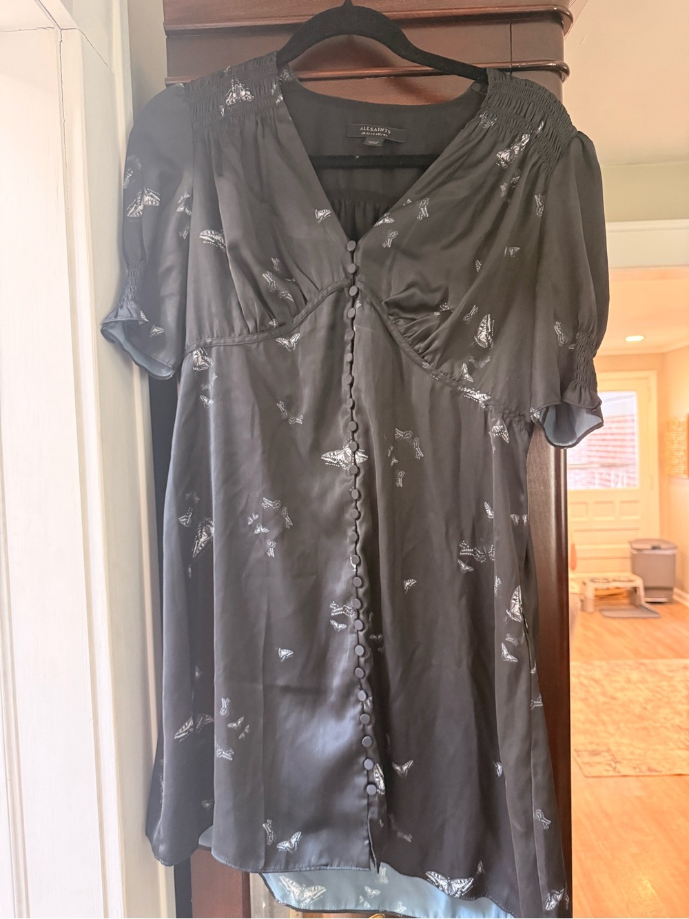 AllSaints Black Satin Button-Front Dress with Silver Motif